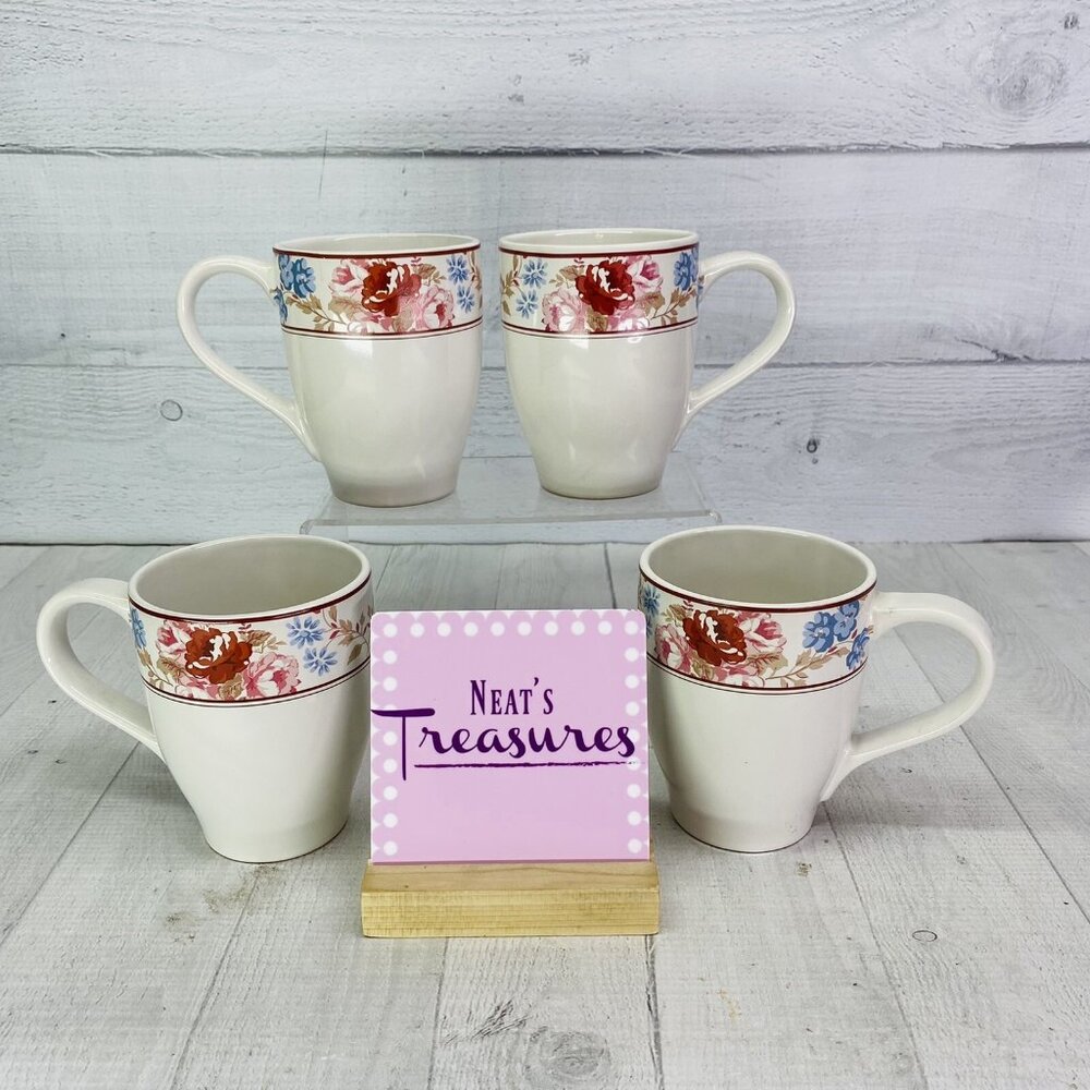 Country Living CUJ1 Center Red Rose Dot Stoneware White 16 oz Cups Mugs Set 4
